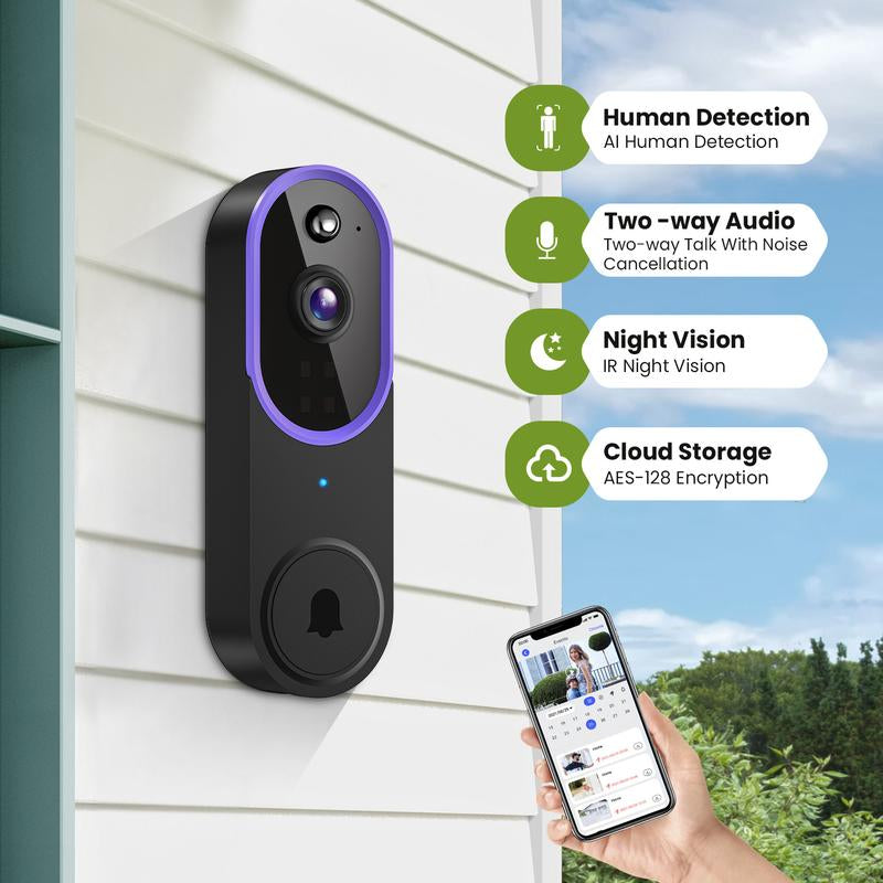 Wireless Video Doorbell Camera, Smart Security Doorbell Camera, 1080P, AI Human Detection , Night Vision, Instant Alert, Two Way Audio, 2.4G Wifi Only, Simple Installation and Rechargeable Battery, Cloud Storage, Wifi Camera